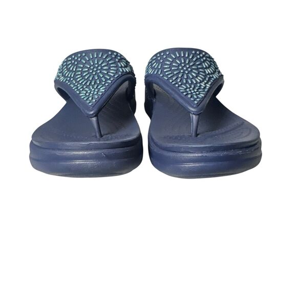 Crocs Monterey Womens Navy Wedge Embellished Thong Sandals Comfort Size 8 - Picture 3 of 16
